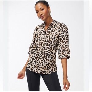 Chicos Leopard Print Quarter Button Top Women's 2 US 12 3/4 Puff Sleeve Collared
